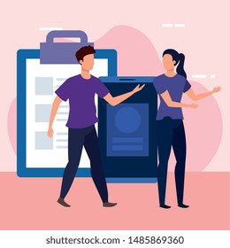 young couple with smartphone and checklist
