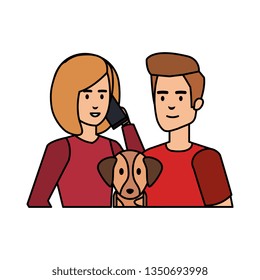 young couple with smartphone and dog