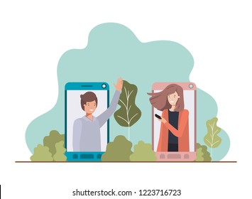 young couple in smartphone with landscape