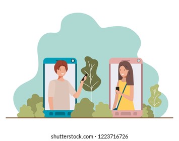 young couple in smartphone with landscape