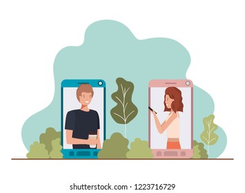 young couple in smartphone with landscape