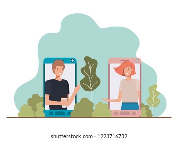 young couple in smartphone with landscape