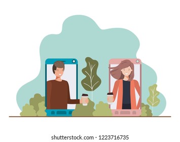 young couple in smartphone with landscape