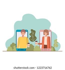 young couple in smartphone with landscape