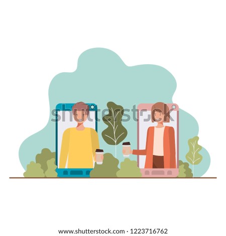 young couple in smartphone with landscape