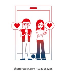 young couple with smartphone and set icons