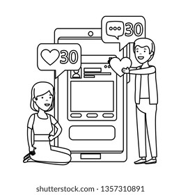 young couple with smartphone and social media