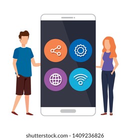 young couple with smartphone and social media menu