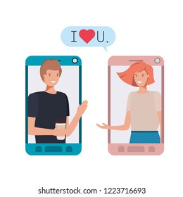 young couple in smartphone with speech bubble