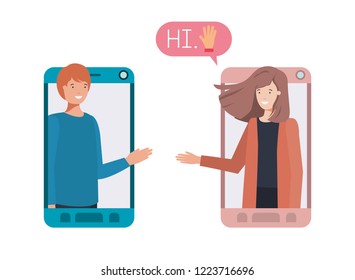 young couple in smartphone with speech bubble