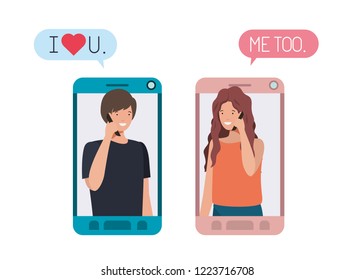 young couple in smartphone with speech bubble