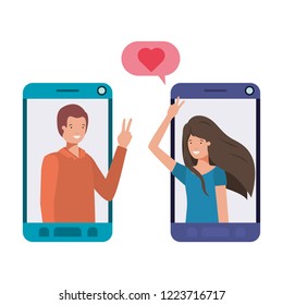 young couple in smartphone with speech bubble