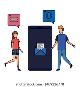young couple with smartphone and speech bubbles