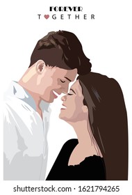 Young couple smiling at each other. Preparing tot kiss. Forever together text. Love Day vector