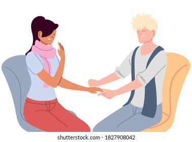 young couple smiling and talking, sitting on a chair vector illustration design