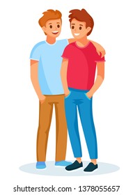 Young couple of smiling white men, ginger and brunette. One guy is hugging the other guy. Element lgbt and gay parade, protest. Vector illustration with lgbt man