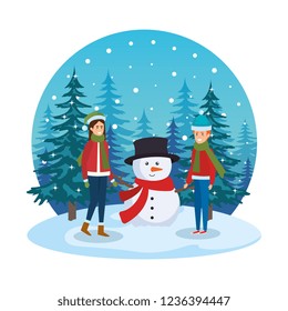 young couple with snowman in snowscape