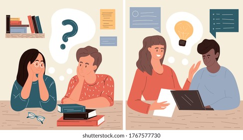 Young Couple Solving A Problem With Them Sitting At A Laptop Computer Below A Question Mark And Then A Light Bulb As They Find Their Answer, Colored Vector Illustration