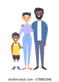 Young couple with son. Hand drawn asian woman, black man and his boy. Flat style vector illustration family. Cartoon characters isolated on white background