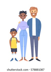 Young couple with son. Hand drawn black woman, white man and his boy. Flat style vector illustration family. Cartoon characters isolated on white background