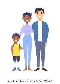 Young couple with son. Hand drawn black woman,asian man and his boy. Flat style vector illustration family. Cartoon characters isolated on white background