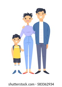 Young couple with son. Hand drawn asian woman, man and boy. Flat style vector illustration family. Cartoon characters isolated on white background