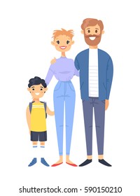 Young couple with son. Hand drawn woman, man and adopted asian boy. Flat style vector illustration family. Cartoon characters isolated on white background