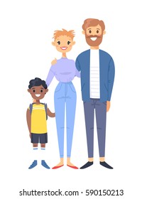 Young couple with son. Hand drawn woman, man and adopted asian boy. Flat style vector illustration family. Cartoon characters isolated on white background