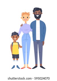 Young couple with son. Hand drawn white woman, black man and his boy. Flat style vector illustration family. Cartoon characters isolated on white background