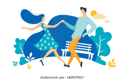Young Couple Sparetime with Dancing Outdoors, People Active Lifestyle, Man and Woman in Loving or Friendly Relations Spend Time Together, Disco Dance Leisure or Hobby. Cartoon Flat Vector Illustration