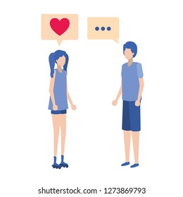 young couple with speech bubble avatar character