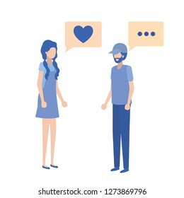 young couple with speech bubble avatar character