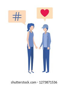 young couple with speech bubble avatar character