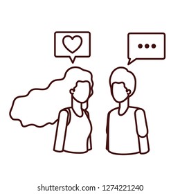 young couple with speech bubble avatar character