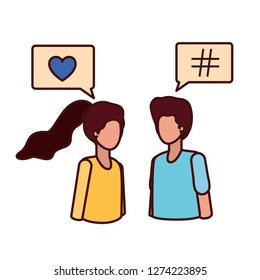 young couple with speech bubble avatar character