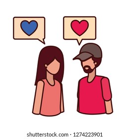 young couple with speech bubble avatar character