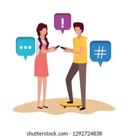 young couple with speech bubble avatar character
