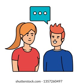young couple with speech bubble avatars characters