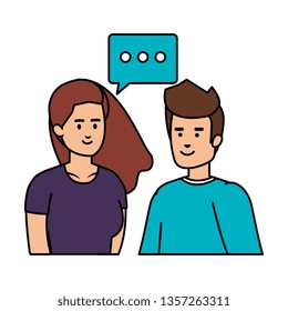 young couple with speech bubble avatars characters