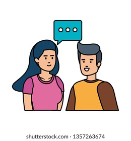 young couple with speech bubble avatars characters