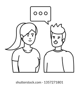 young couple with speech bubble avatars characters