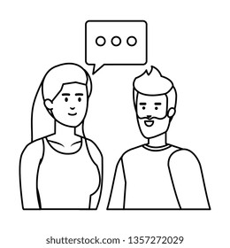 young couple with speech bubble avatars characters