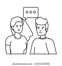 young couple with speech bubble avatars characters