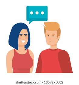 young couple with speech bubble avatars characters