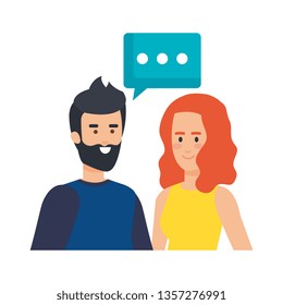 young couple with speech bubble avatars characters