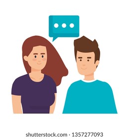 young couple with speech bubble avatars characters
