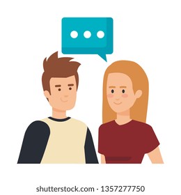 young couple with speech bubble avatars characters