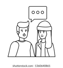 young couple with speech bubble avatars characters