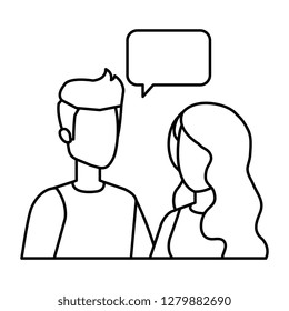 young couple with speech bubble characters