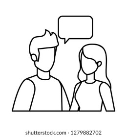 young couple with speech bubble characters